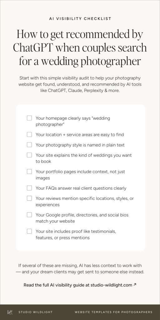 How to Get Recommended by AI as a Wedding Photographer in 2026 3 AI visibility audit checklist for wedding photographers