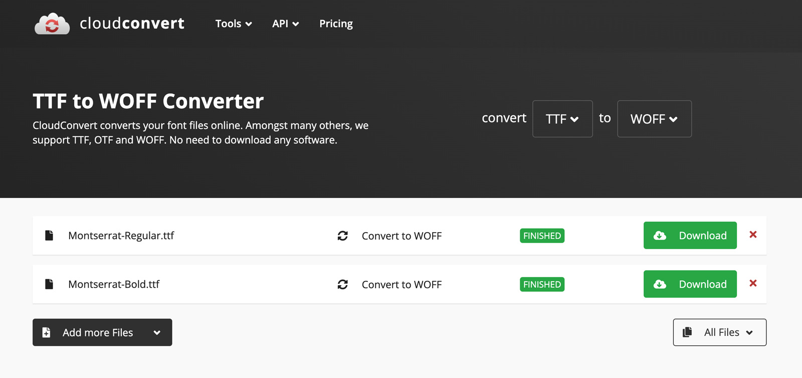 How to Host Google Fonts Locally on Showit (Simple GDPR-Friendly Guide) 4 A screenshot of the cloud convert website with fonts being converted to .woff for web use