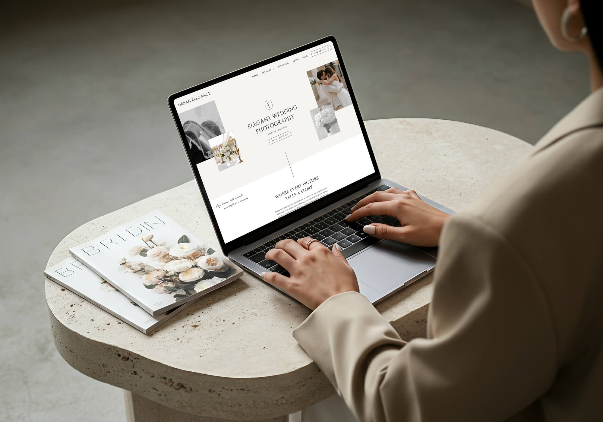 Lifestyle mockup showing the Urban Elegance Showit website template on a laptop as an example of a modern FloThemes alternative for photographers