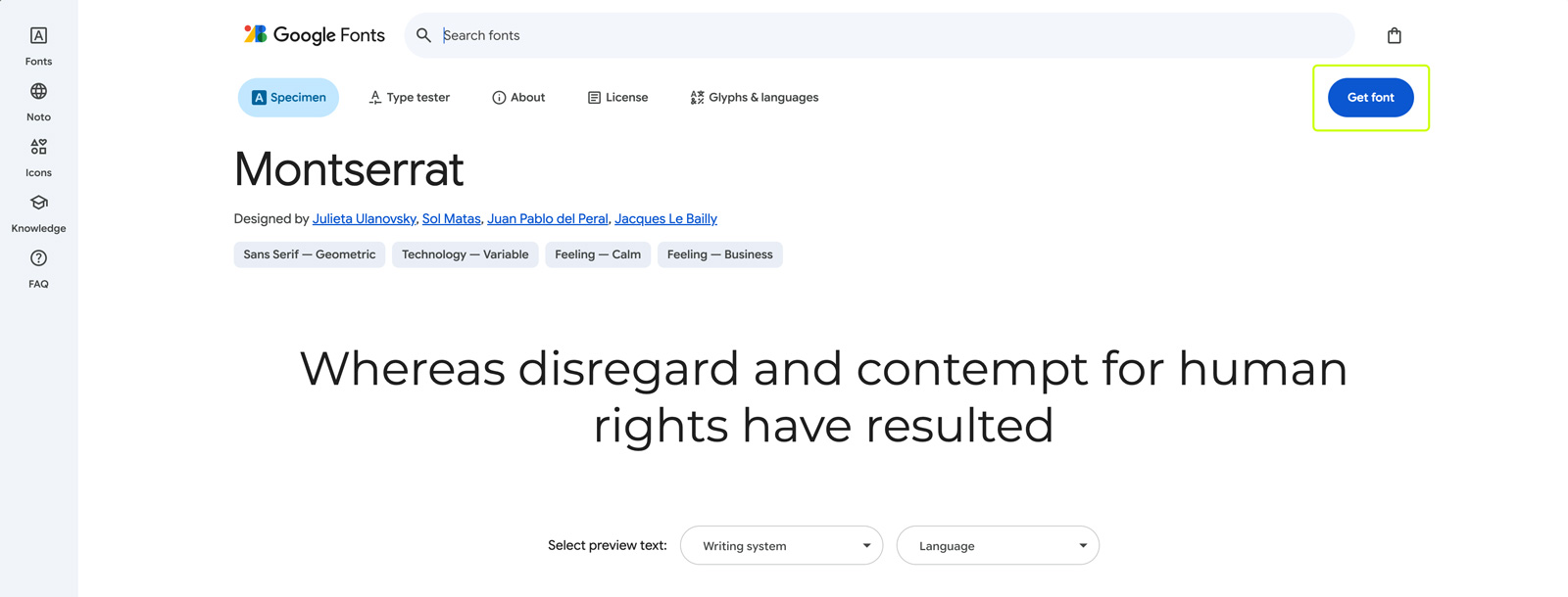 How to Host Google Fonts Locally on Showit (Simple GDPR-Friendly Guide) 2 Google Fonts Montserrat page with the “Get Font” button highlighted before downloading files to host Google Fonts locally on Showit.