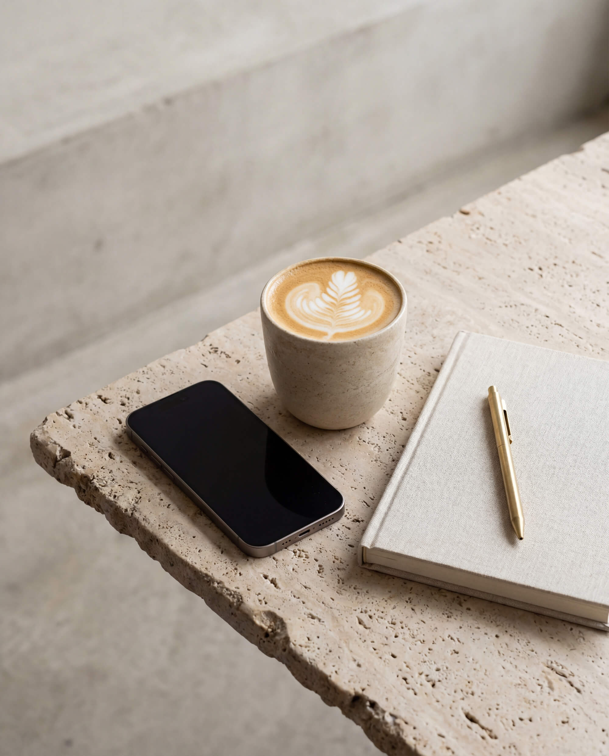 Minimal flat lay with coffee, notebook and phone on a stone table, representing quick marketing tips for photographers.