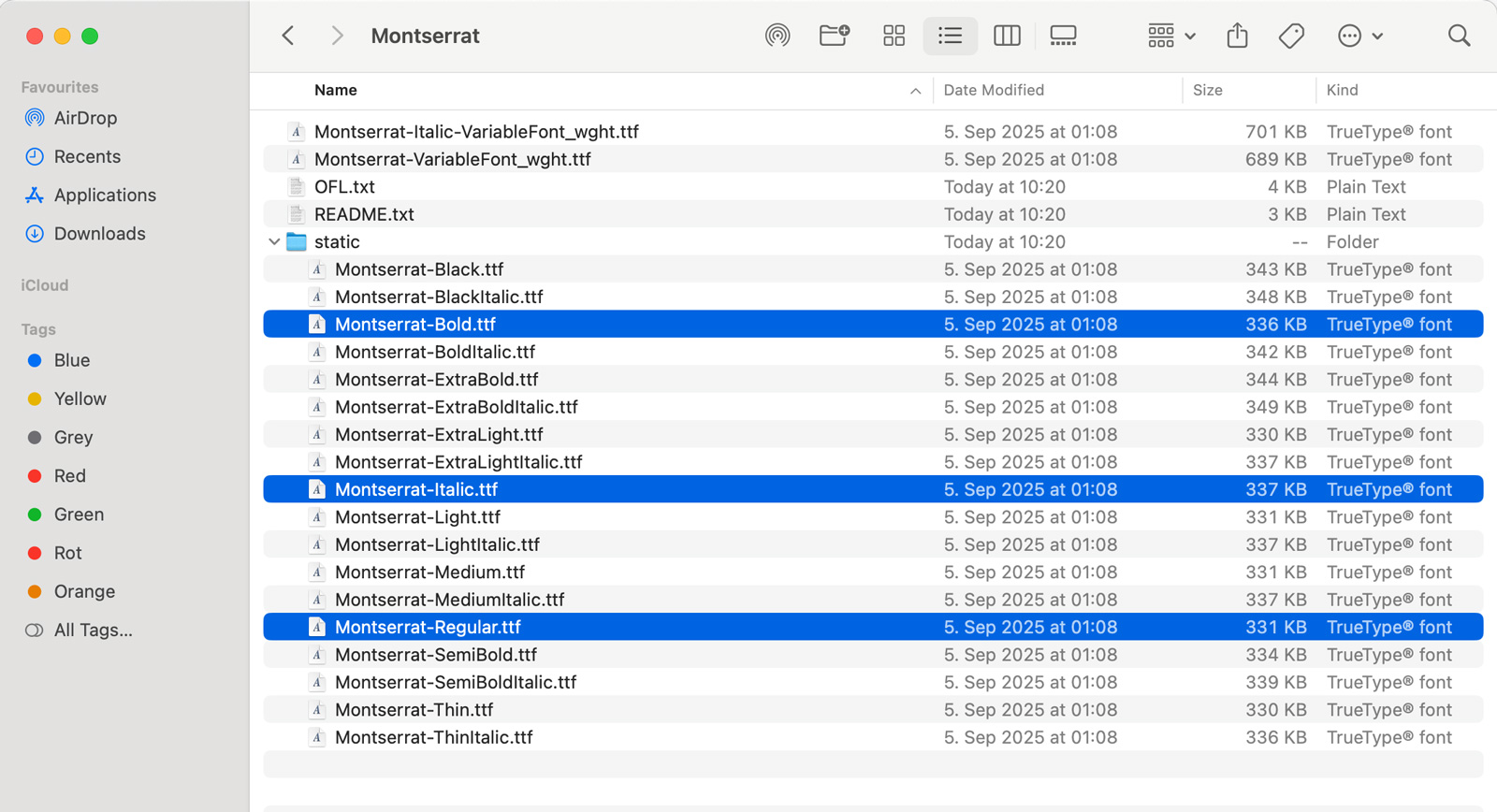 How to Host Google Fonts Locally on Showit (Simple GDPR-Friendly Guide) 3 Finder window showing Montserrat static .ttf files for Regular, Bold, and Italic selected for conversion to .woff.