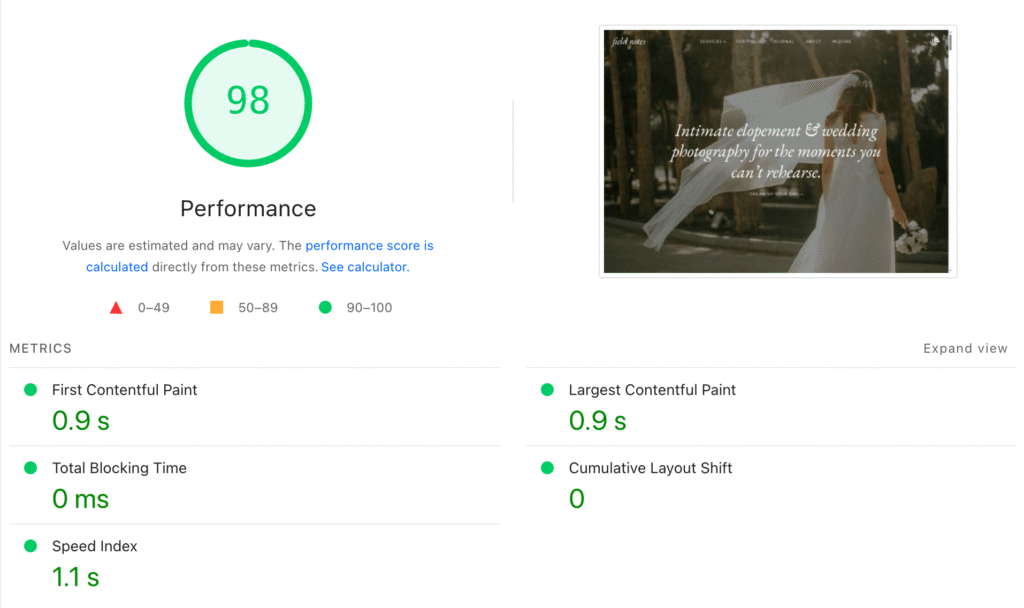 photography website mistakes — Field Notes Showit template scoring 98 on Google PageSpeed Insights