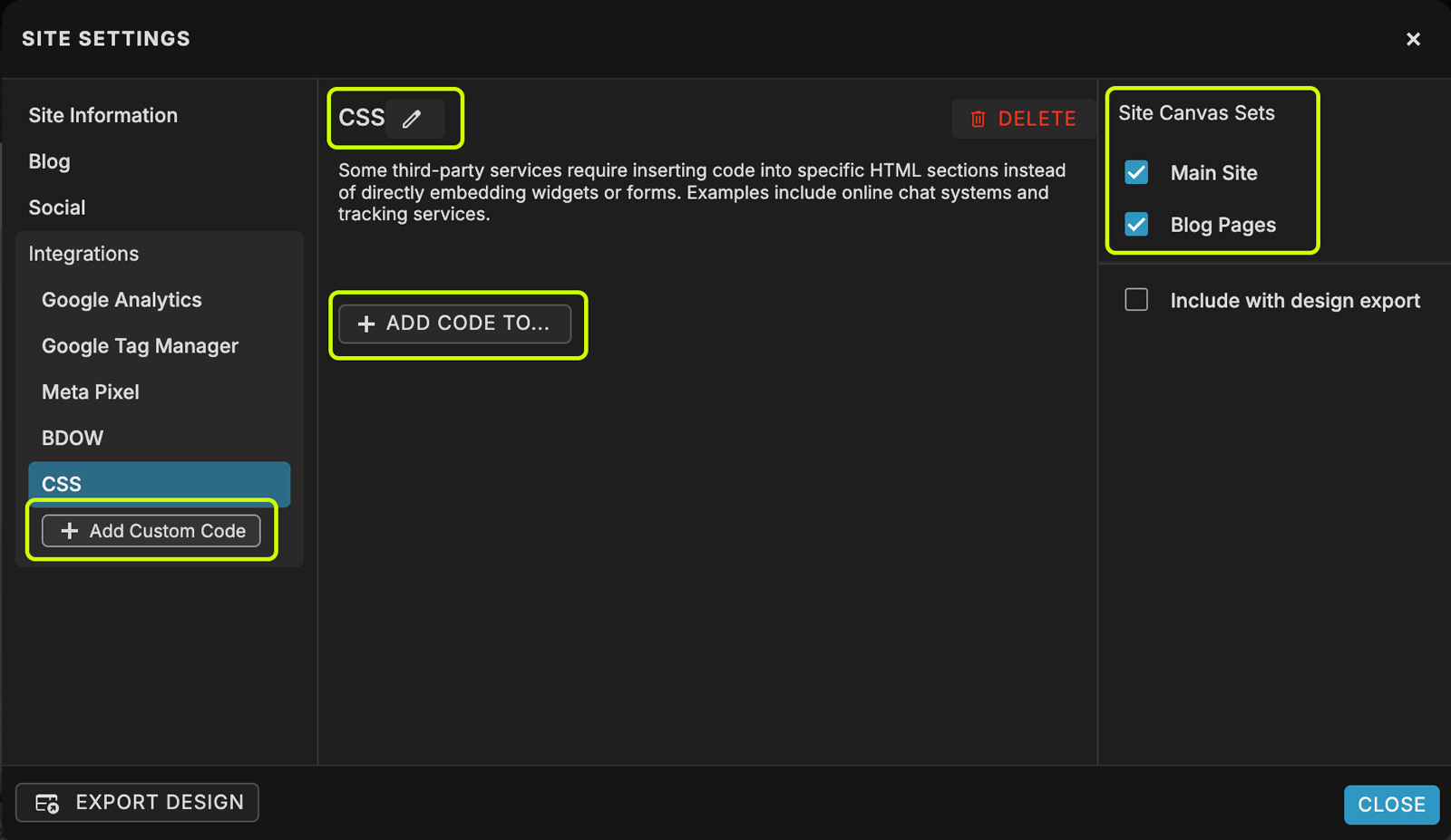 How to Host Google Fonts Locally on Showit (Simple GDPR-Friendly Guide) 7 Showit Site Settings CSS integration panel where custom @font-face code is added to load locally hosted Google Fonts.