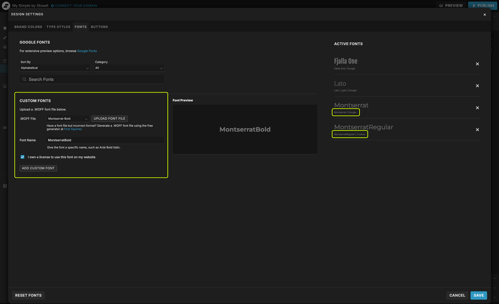 How to Host Google Fonts Locally on Showit (Simple GDPR-Friendly Guide) 5 Uploaded Montserrat .woff font files stored in the Showit media library, used when you host Google Fonts locally on Showit.