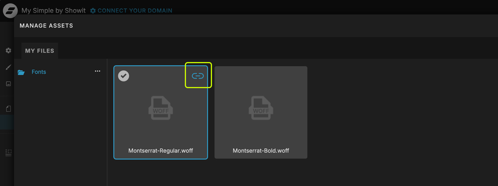 How to Host Google Fonts Locally on Showit (Simple GDPR-Friendly Guide) 8 Showit media library with the link icon highlighted to copy your font file URL for use in your custom CSS.