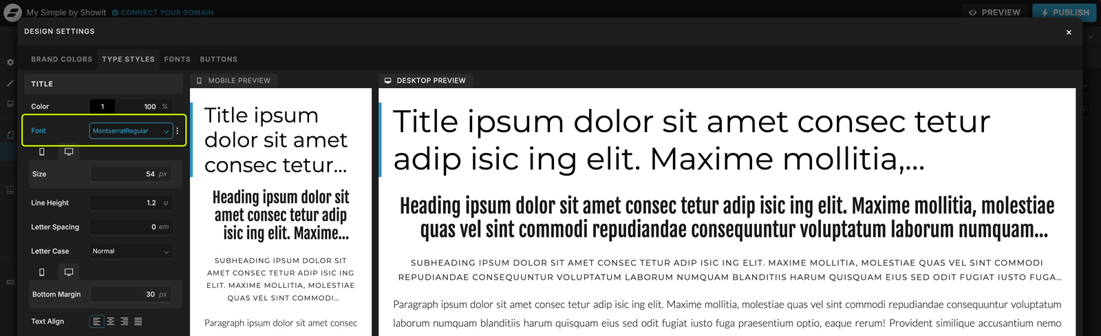 How to Host Google Fonts Locally on Showit (Simple GDPR-Friendly Guide) 6 Showit Type Styles settings showing the custom MontserratRegular font applied to headings and paragraphs.