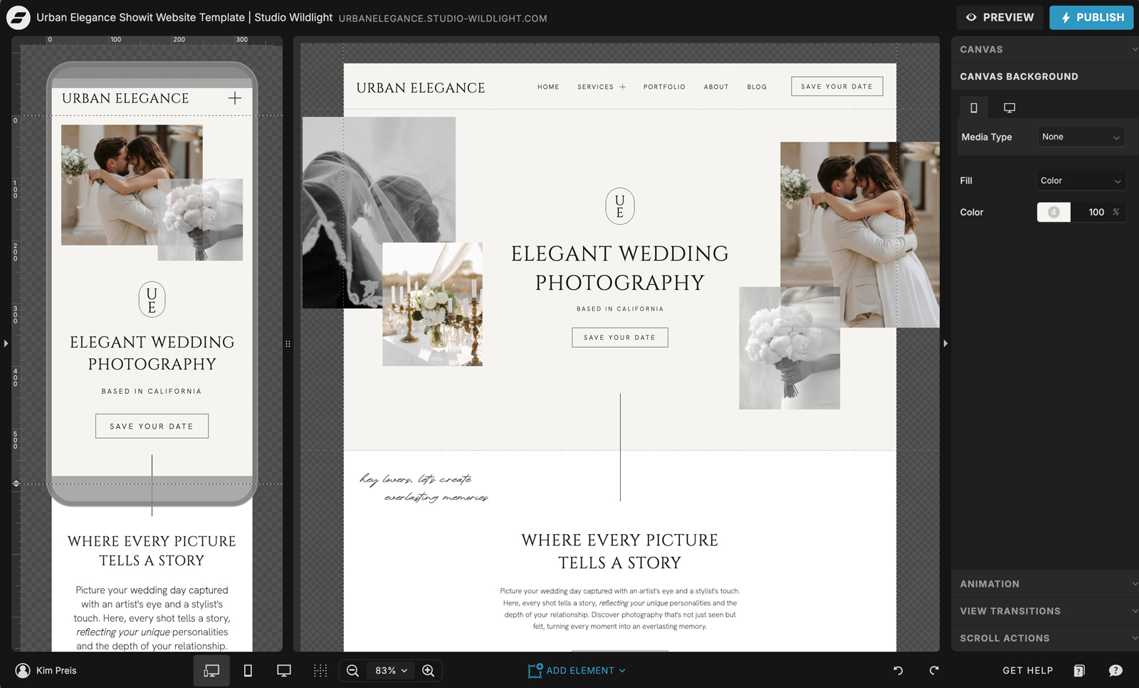 The Best FloThemes Alternatives for Photographers in 2025 2 Screenshot of the Urban Elegance Showit website template inside the Showit builder, demonstrating a flexible FloThemes alternative
