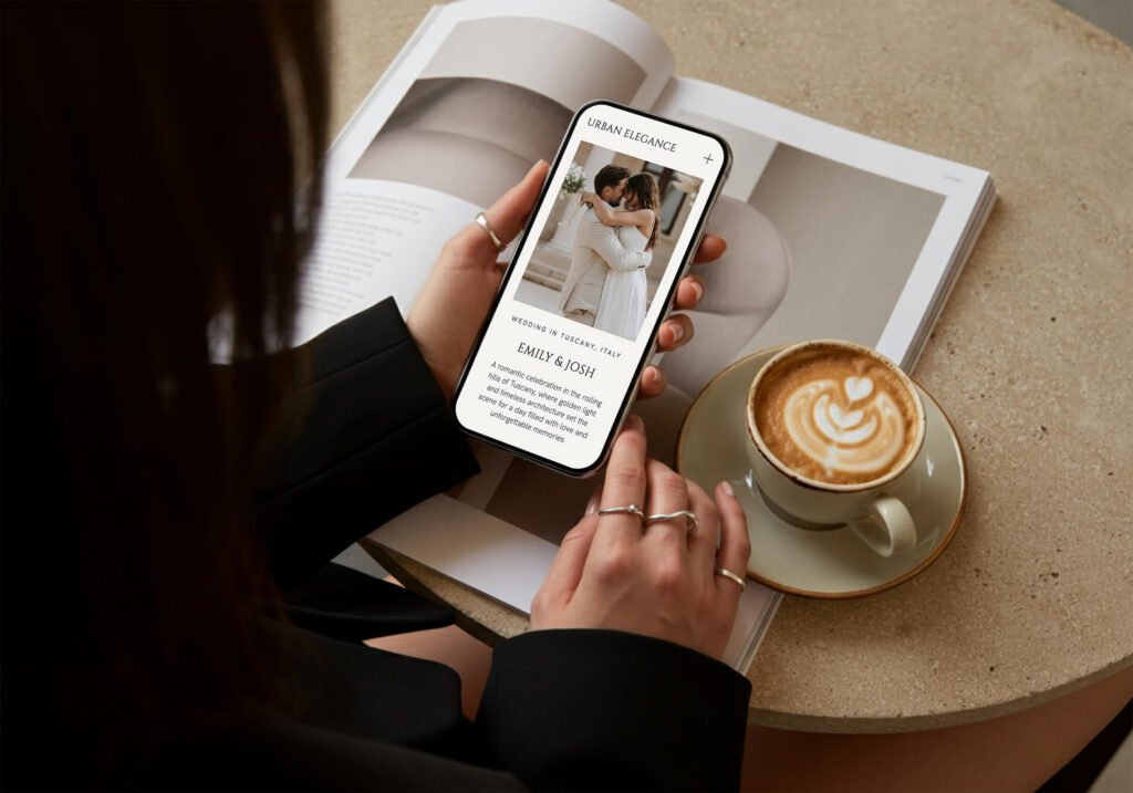 Engaged woman researching and planning their 2026 wedding early using Pinterest and social media