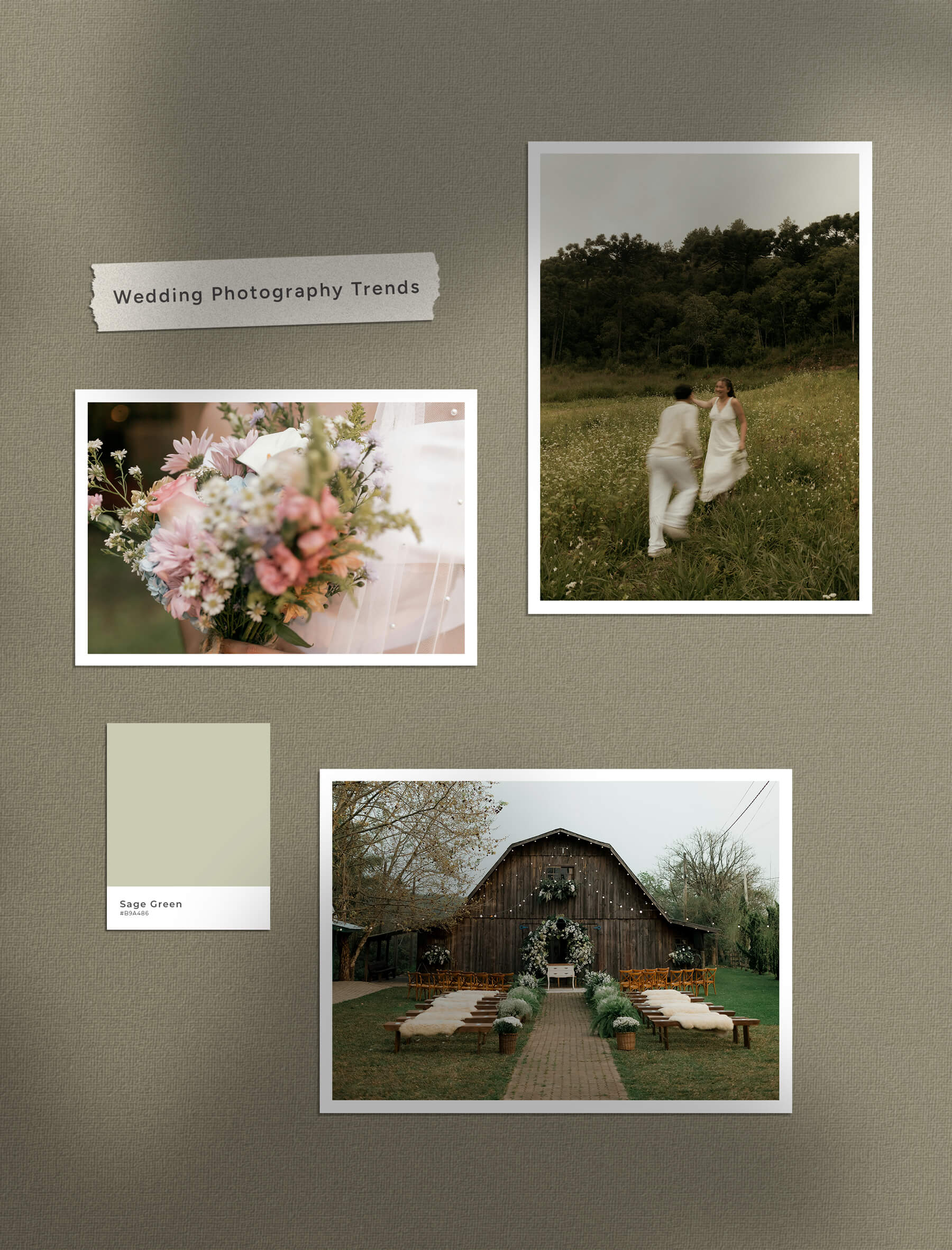 Wedding Photography Trends 2026 mood board showing natural, documentary-style wedding photography, unposed, emotional moments, romantic garden venue, soft pastel colors