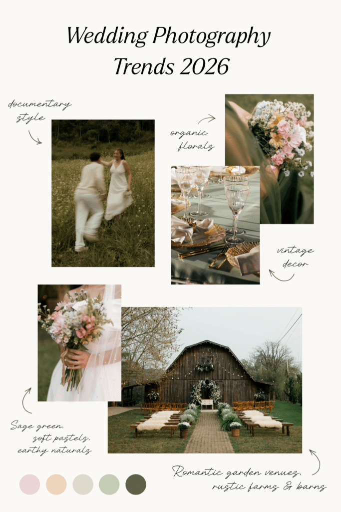 Wedding photography trends 2026 moodboard showing documentary style photography, organic florals, vintage decor, sage green color palette, and rustic barn venues