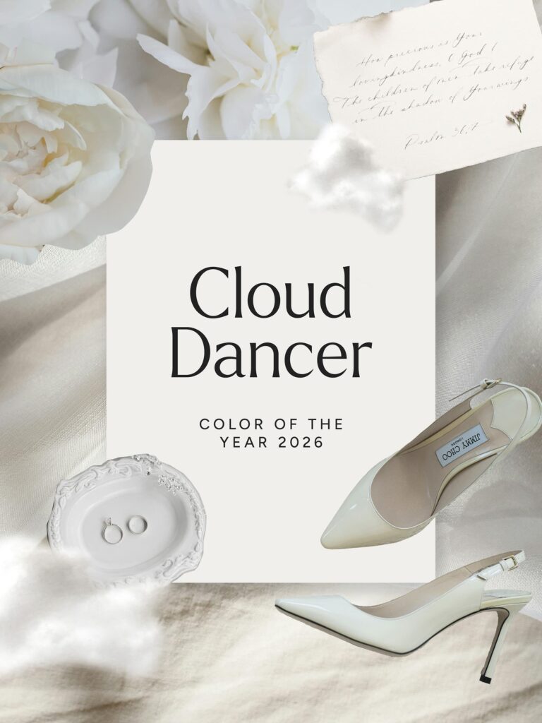 Editorial collage featuring white wedding elements inspired by Cloud Dancer, showcasing soft neutral tones for the 2026 wedding trends.