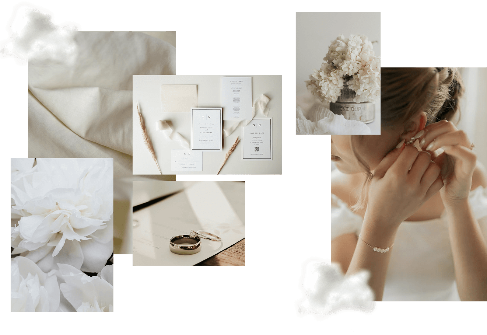 Cloud Dancer wedding trends 2026 moodboard featuring soft white florals, neutral linens, minimalist stationery, bridal details and tonal textures for the 2026 wedding season.