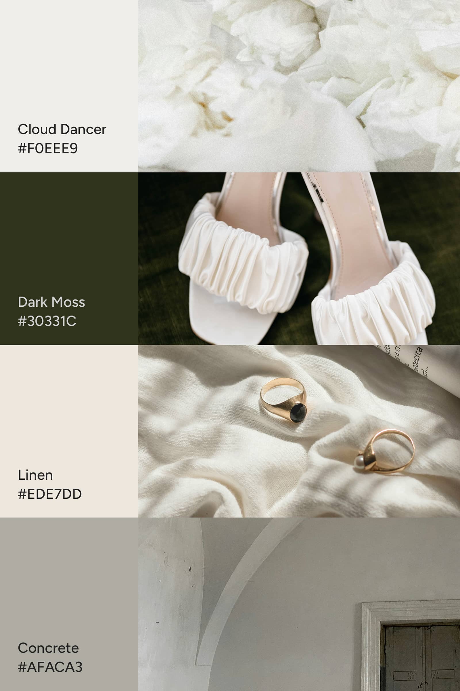 Palette for wedding trends 2026: Cloud Dancer wedding color palette with dark moss green, linen ivory, soft concrete grey and tonal neutrals inspired by elevated 2026 wedding trends.