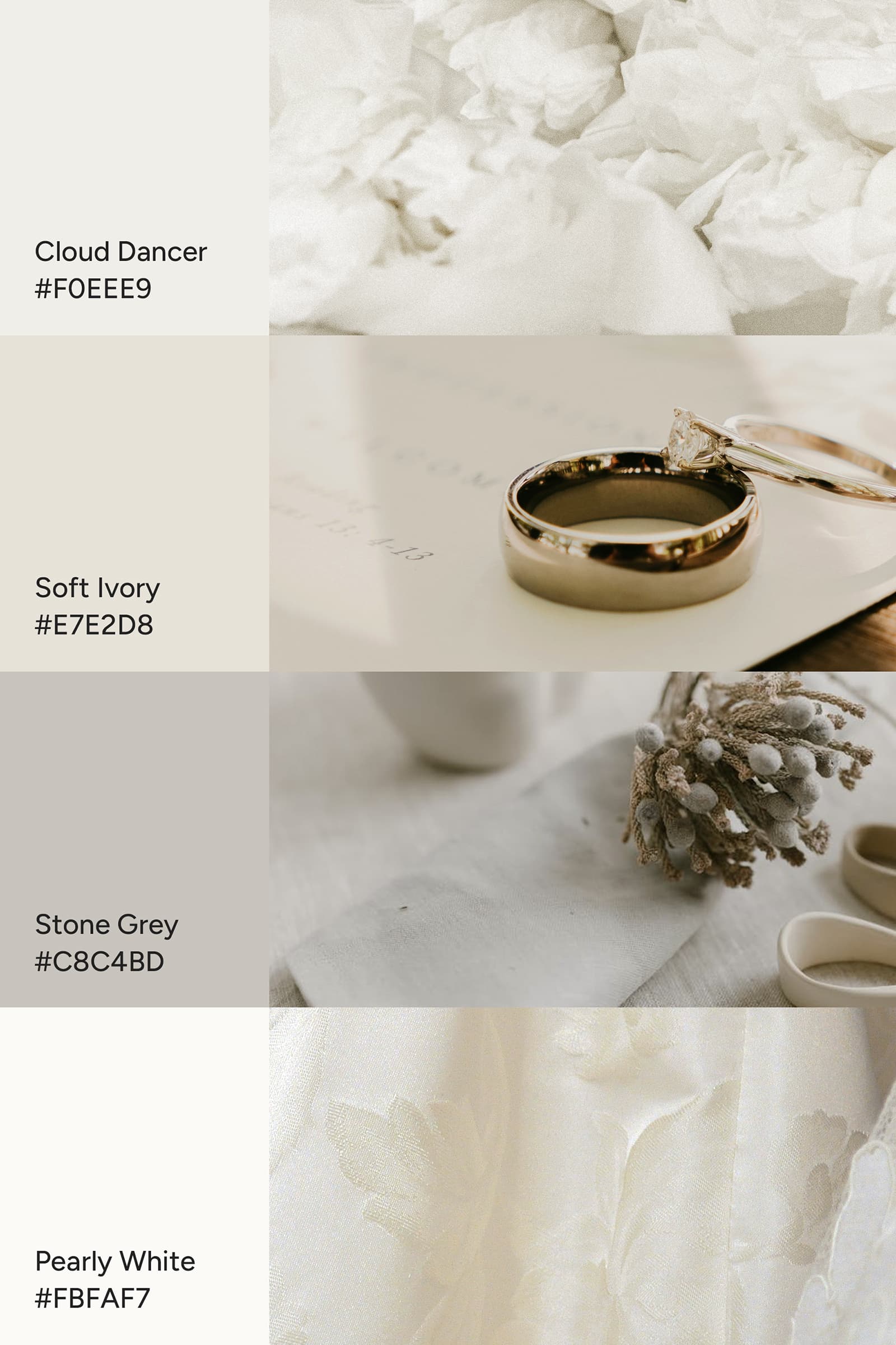 Palette for wedding trends 2026: Tonal white Cloud Dancer wedding palette with soft ivory, stone grey and pearly white textures for minimal 2026 wedding aesthetics.
